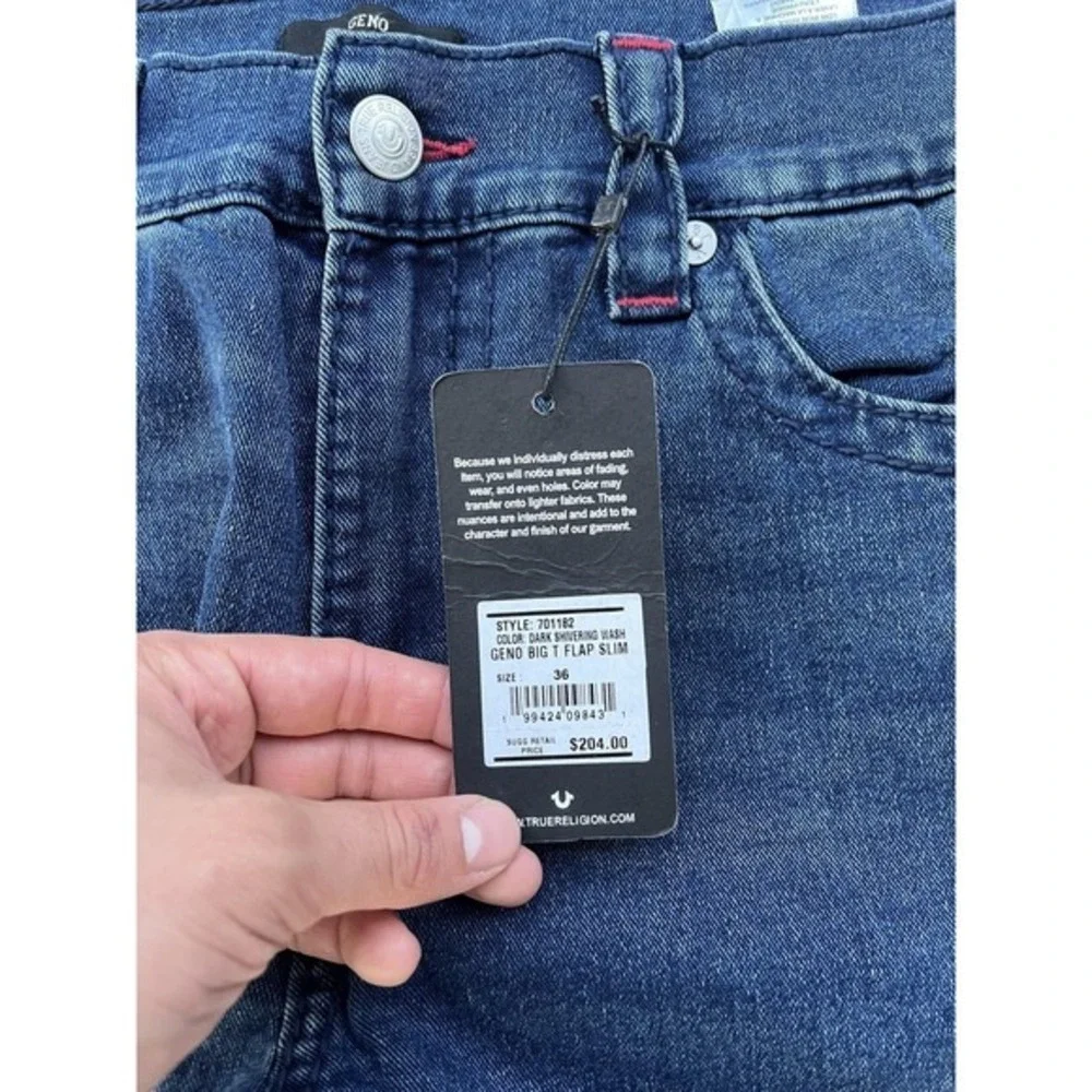 True Religion Geno Big T Flap Relaxed Slim Jeans Mens 36x30 Dark Wash Blue Denim
